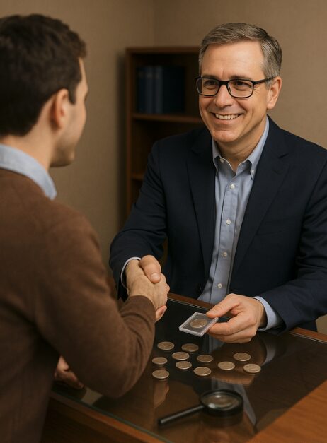 Coin exchange between a dealer and a customer